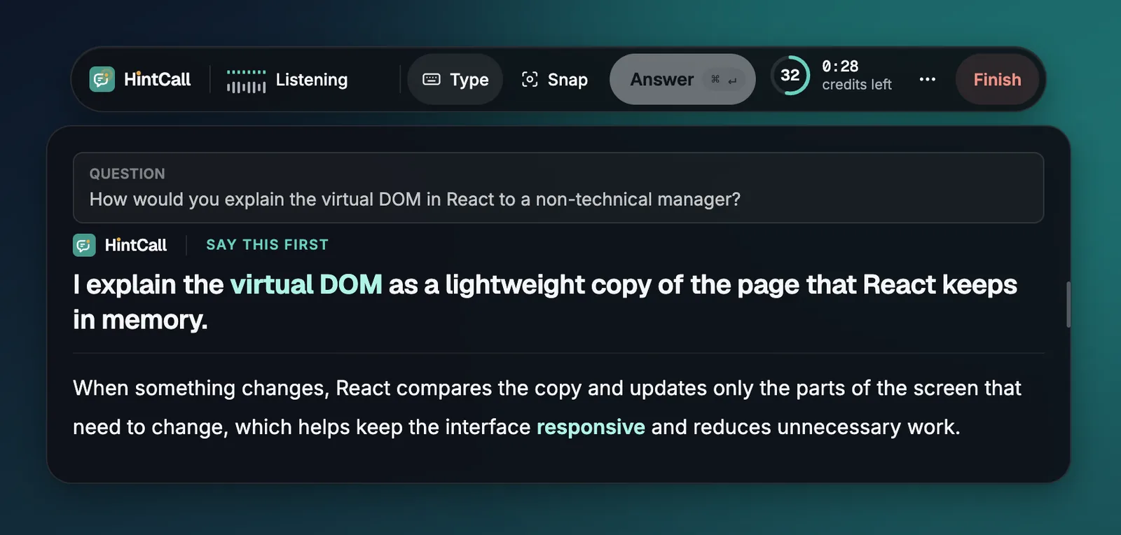 An answer under the toolbar: the question box, then Say this first in large text, then the supporting detail