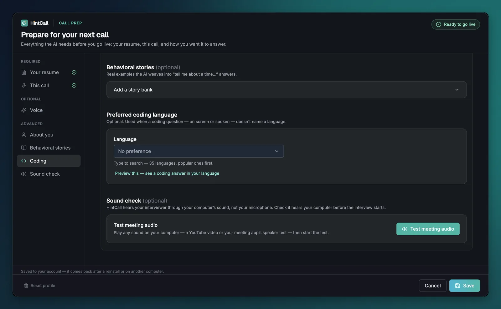 Coding language and Sound check with the Test meeting audio button