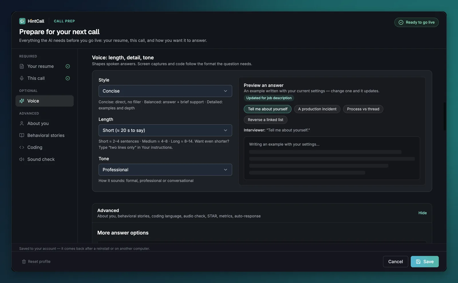 Voice settings with Style, Length and Tone and a live answer preview