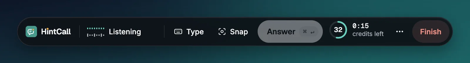 Toolbar during a call: Listening, Type, Snap, Answer with Cmd Enter, credits and timer, and Finish