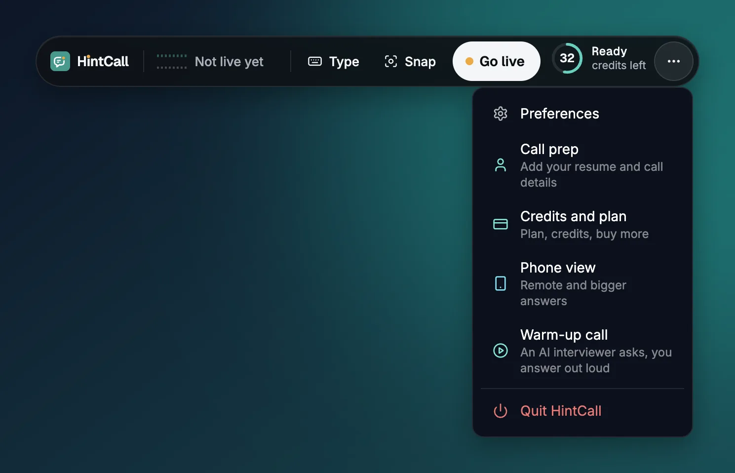 The three-dot menu open with Preferences, Call prep, Credits and plan, Phone view, Warm-up call and Quit HintCall