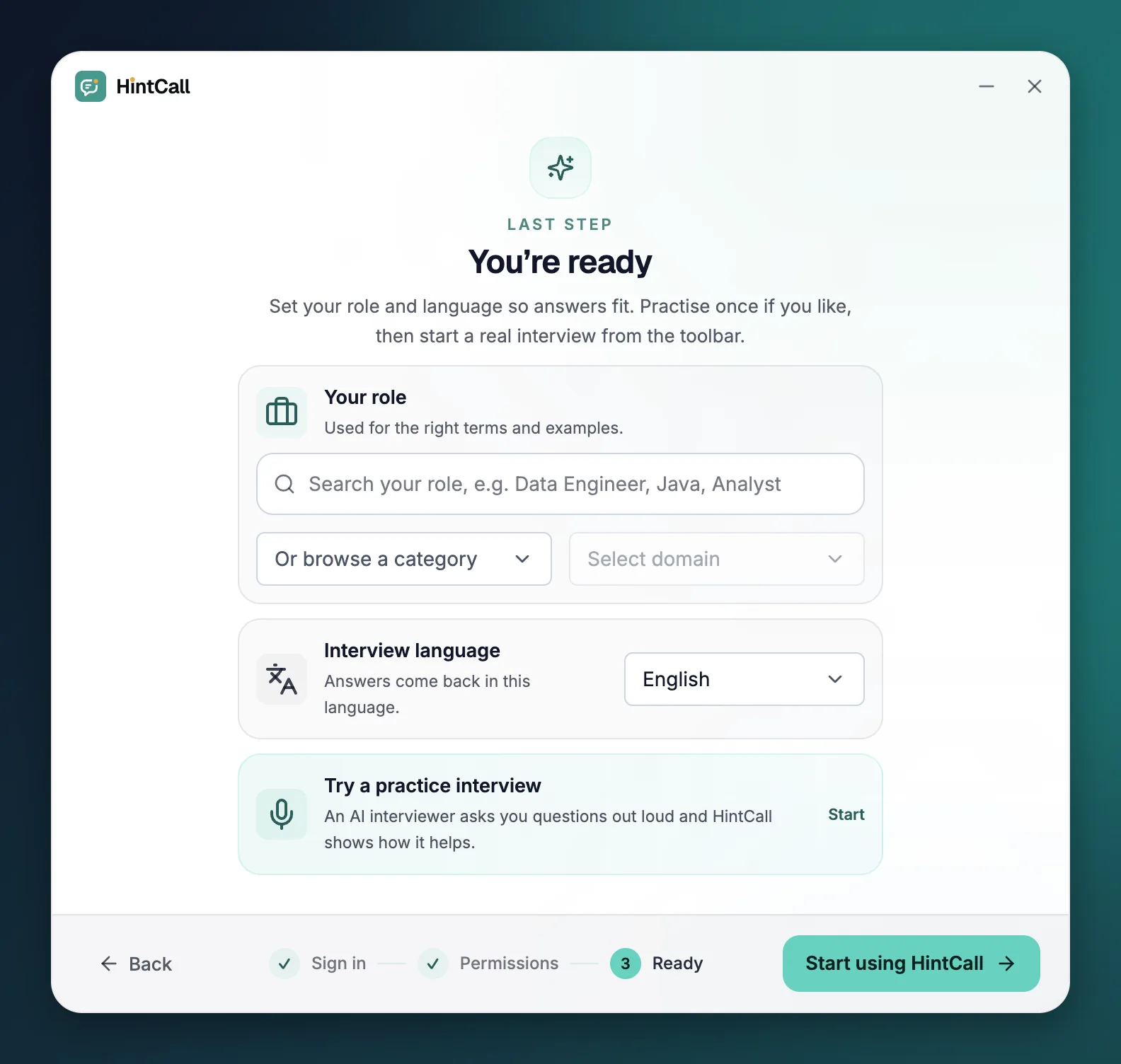 Last setup step with Your role, Interview language and Try a practice interview
