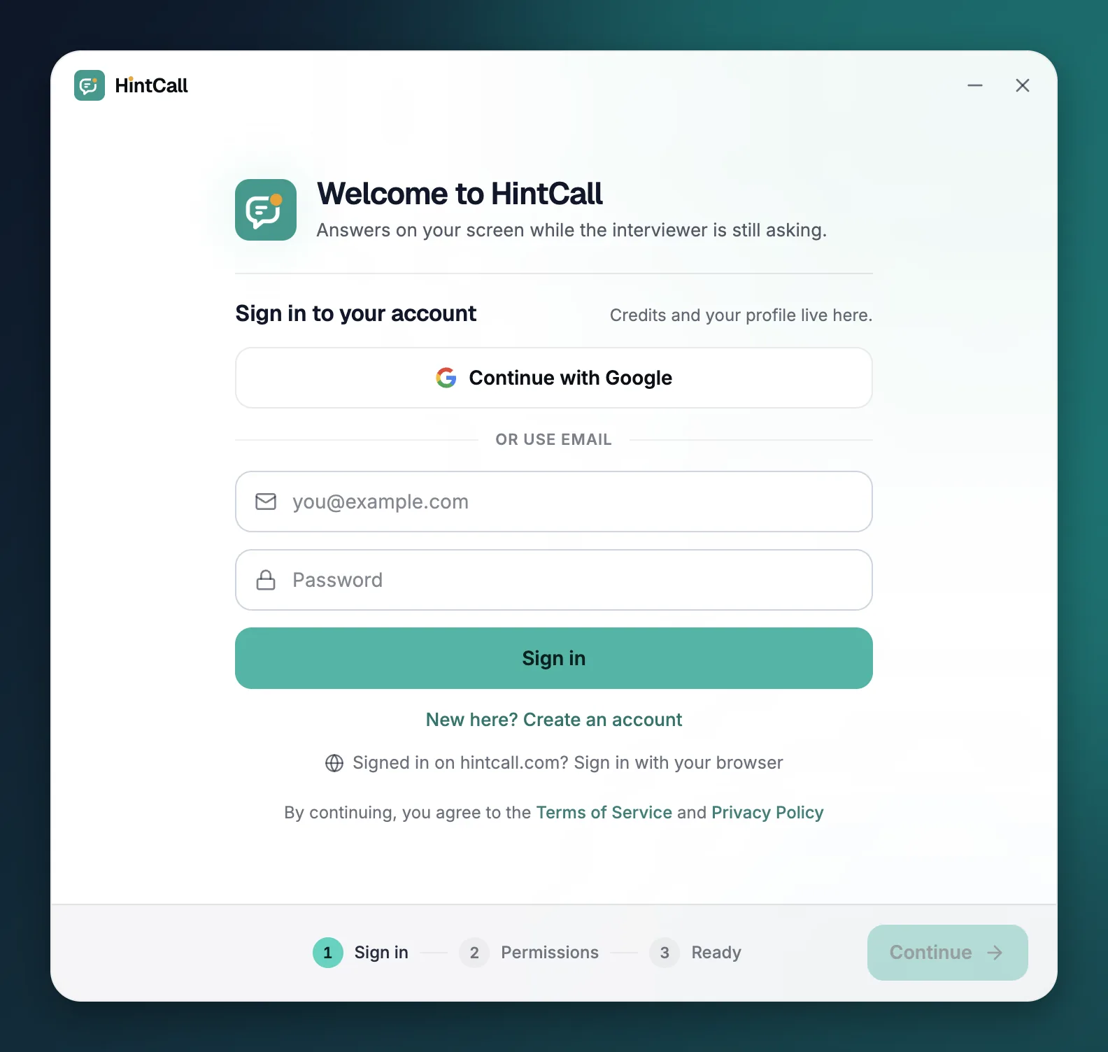 HintCall desktop welcome screen with Continue with Google, email and password, and Sign in with your browser