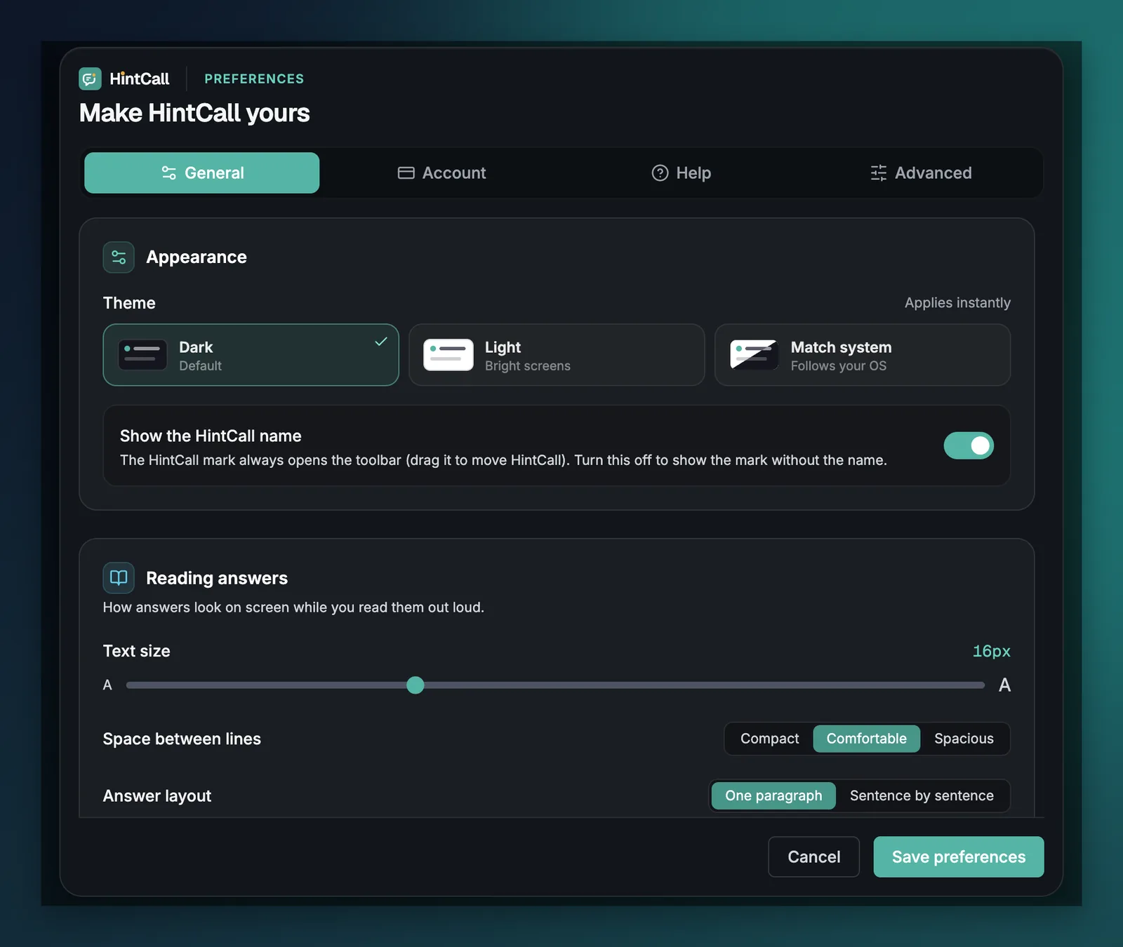 Preferences General tab with theme, show the HintCall name, text size, line spacing and answer layout