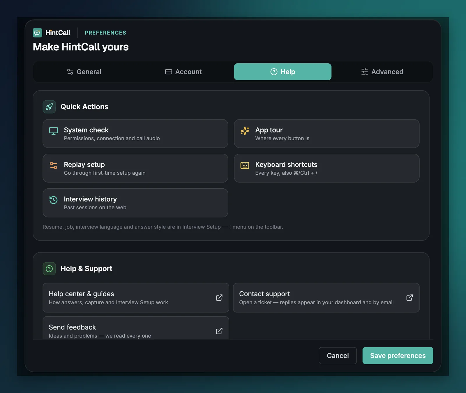 Preferences Help tab with System check, App tour, Replay setup, Keyboard shortcuts, support links and About