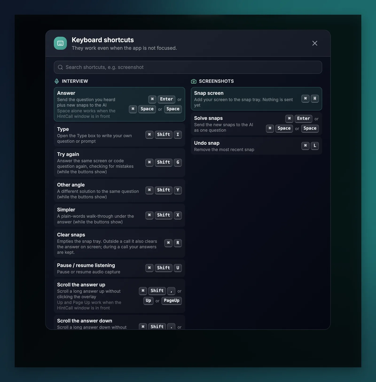 HintCall keyboard shortcuts list grouped into Interview, Screenshots, Window and Privacy and help