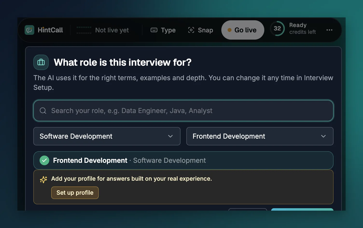 What role is this interview for dialog with a role search, category and domain, and Start interview