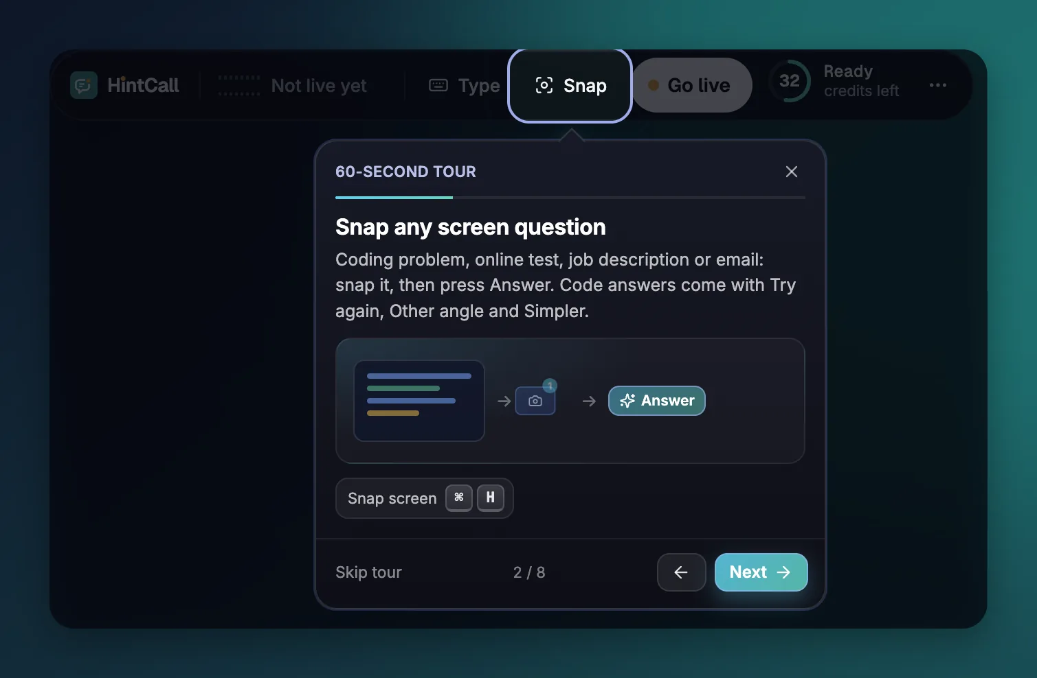 Tour step: Snap any screen question, with Snap screen Cmd H