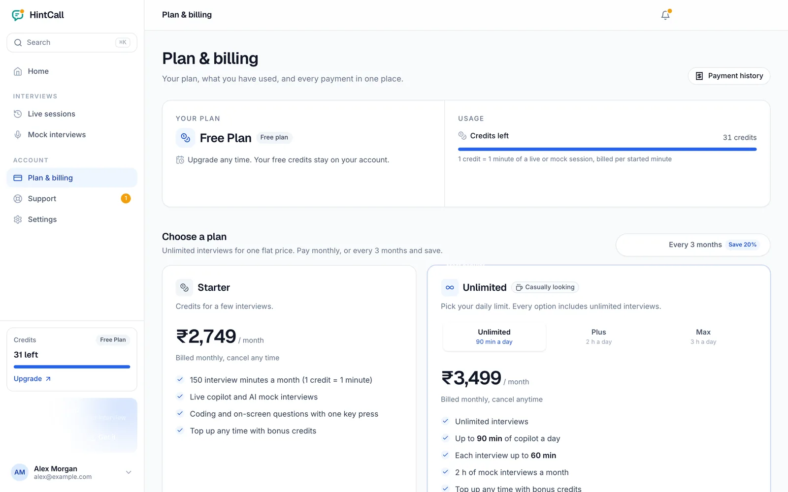 Plan and billing page with your plan, usage and plans to choose from