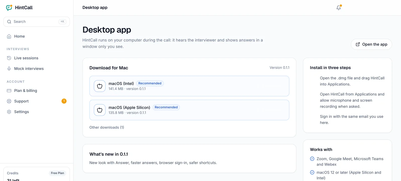 Desktop app page in the HintCall web app with macOS downloads and install steps