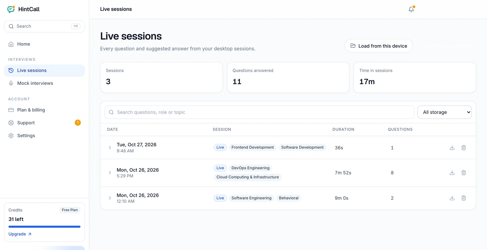 Live sessions page listing past desktop sessions with date, role, duration and number of questions