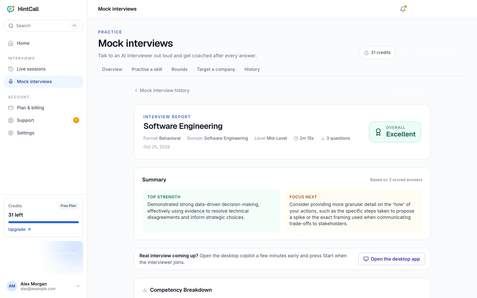 Mock interview report header with overall Excellent, summary, top strength and focus next