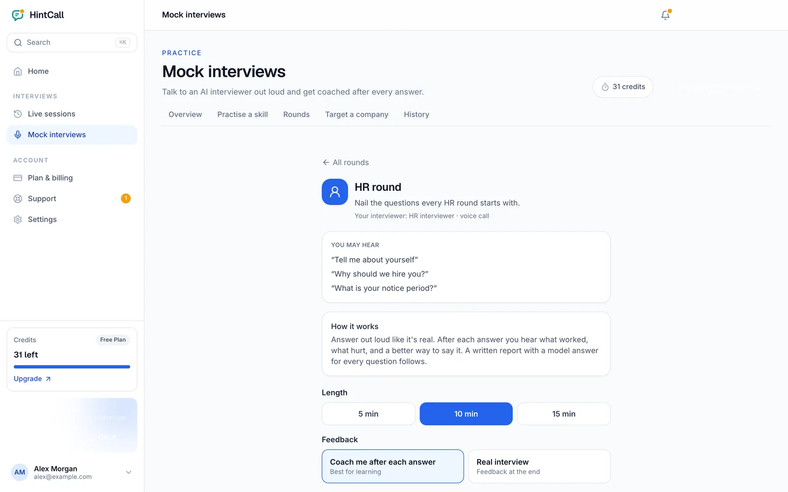 HR round page with questions you may hear, length, feedback options and Start the round