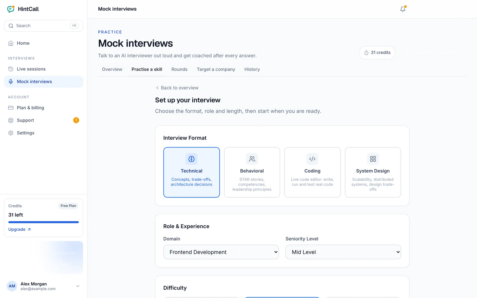 Set up your interview page with Technical, Behavioral, Coding and System Design formats, domain and seniority