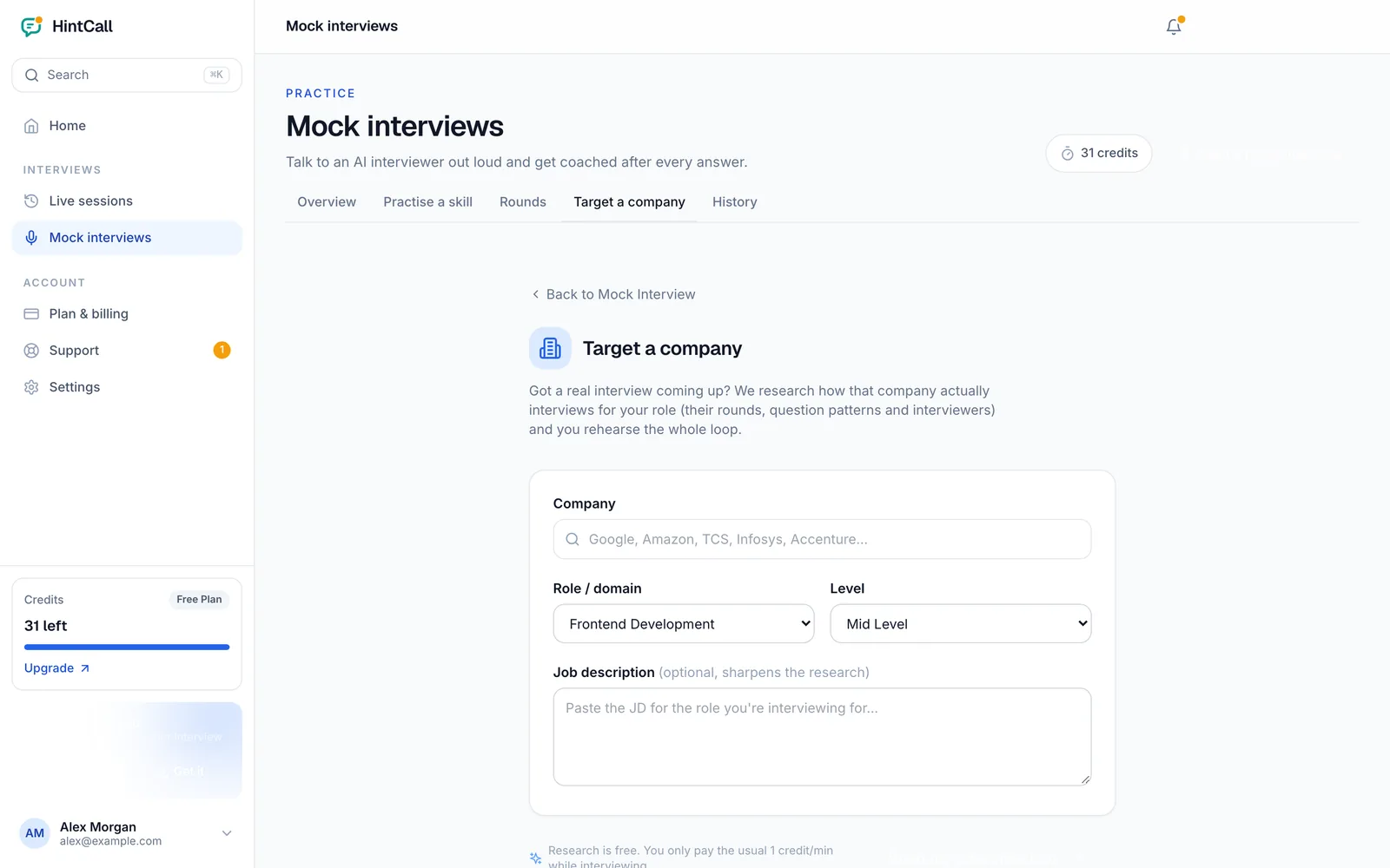 Target a company form with company, role, level and job description