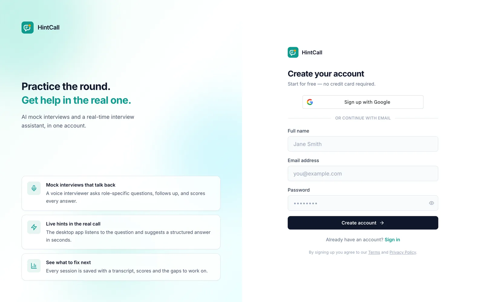 HintCall sign-up page with Sign up with Google, and full name, email and password fields