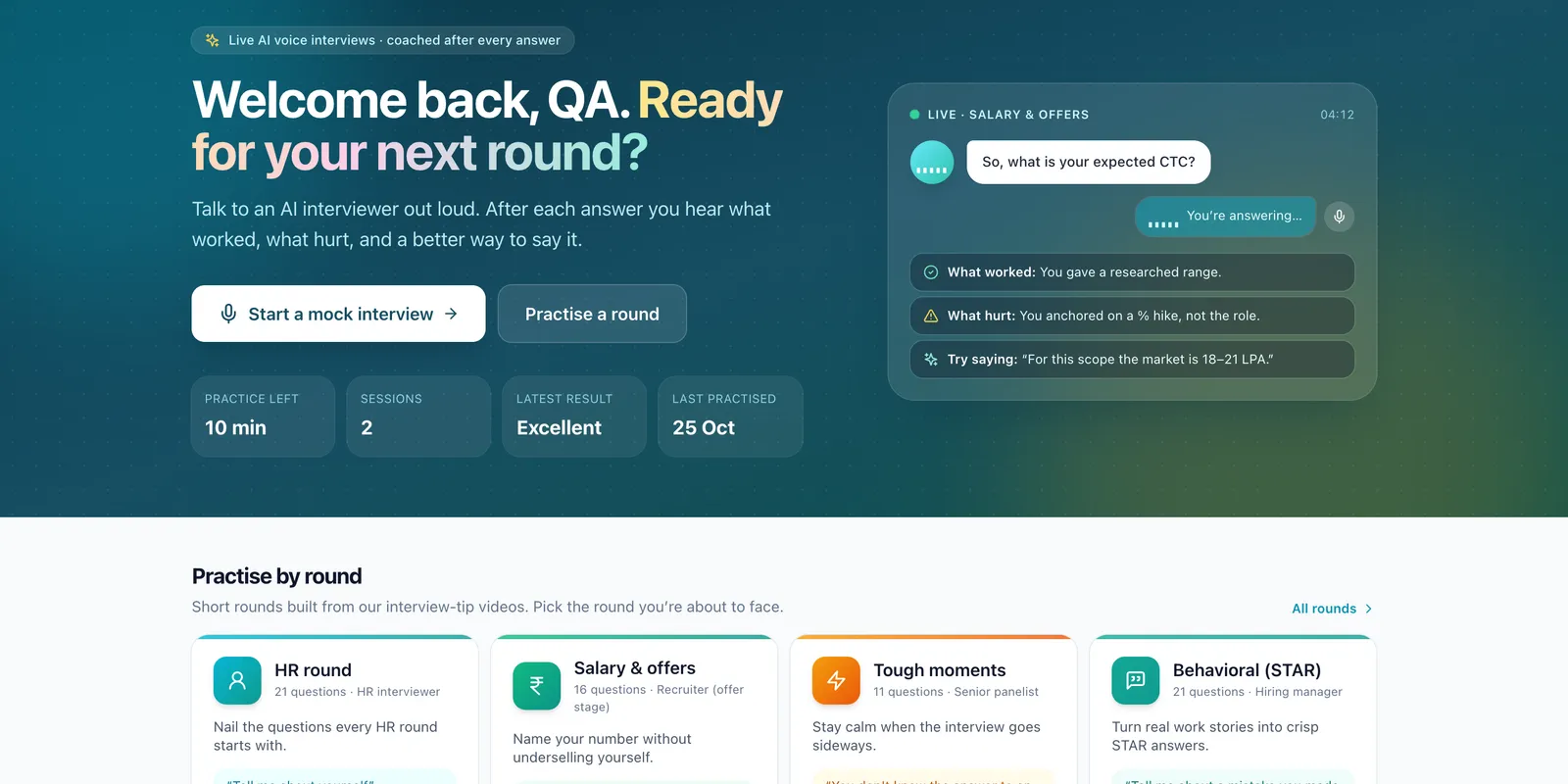 HintCall mock interview home: start a mock interview or practise a round, with practice minutes left, sessions, latest result and a live AI interviewer asking about expected salary