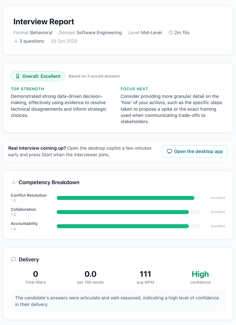 HintCall mock interview report: overall result Excellent, top strength, what to focus on next, competency breakdown and delivery stats
